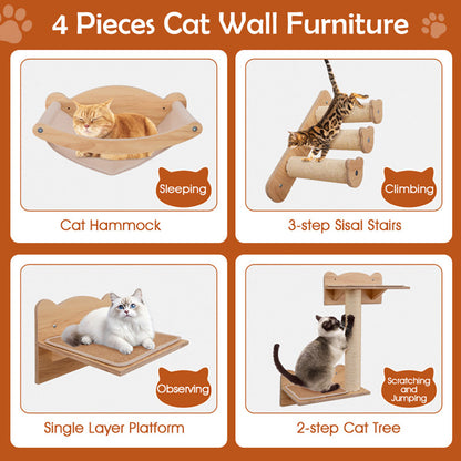 Wefulfil 4 Pieces Cat Wall Furniture set with hammock, 3-step sisal stairs, single layer platform, and 2-step cat tree for cats