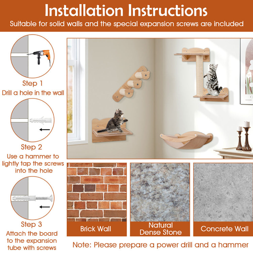 Wefulfil Cat Wall Furniture installation instructions with wooden cat shelves on different wall types