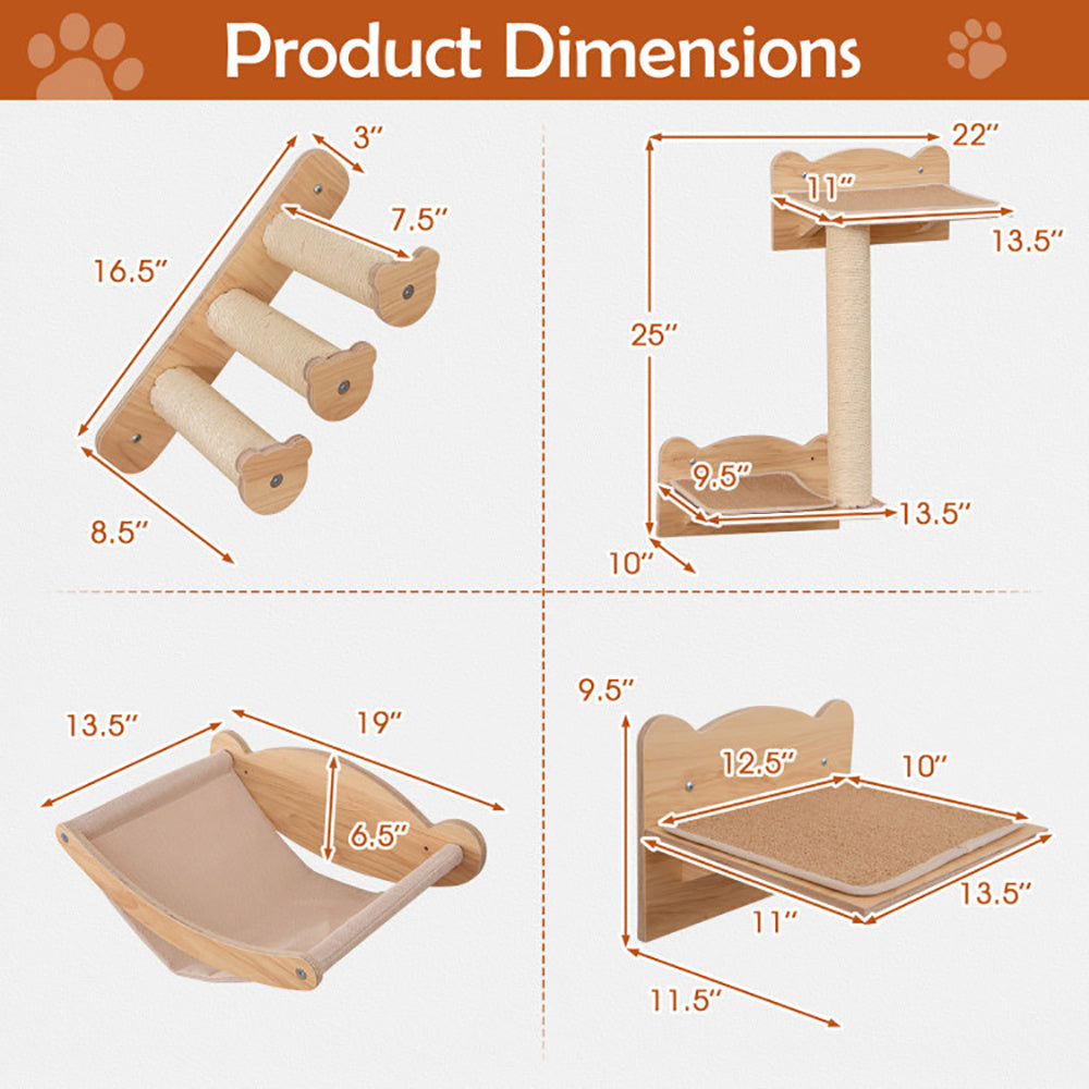 Wefulfil Cat Wall Furniture showing detailed dimensions of wooden cat shelves, perches, and hammock