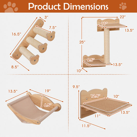 Wefulfil Cat Wall Furniture showing detailed dimensions of wooden cat shelves, perches, and hammock