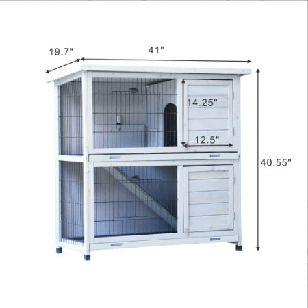 2-Story Rabbit Hutch - White with Removable Trays & Run