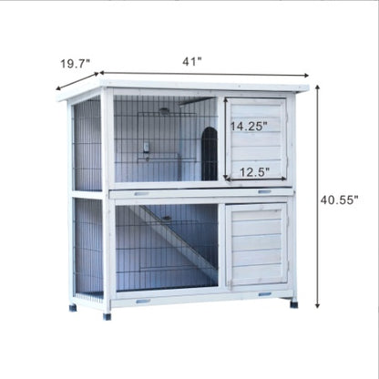 2-Story Rabbit Hutch - White with Removable Trays & Run