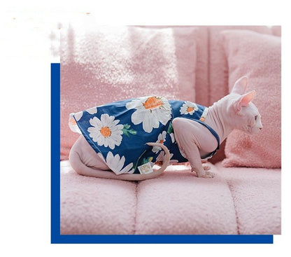 Cat wearing a floral dress on a pink couch
