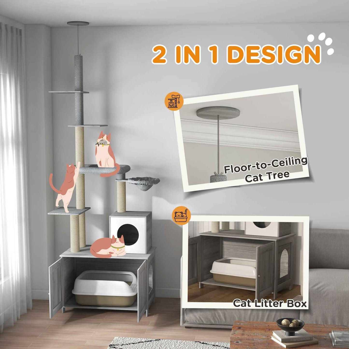 Cat Tree Floor to Ceiling with Litter Box - 2 in 1 Condo