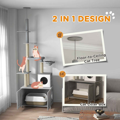 Cat Tree Floor to Ceiling with Litter Box - 2 in 1 Condo