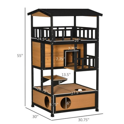 Cat play structure with dimensions labeled on a white background