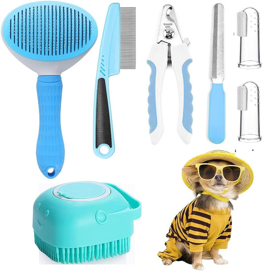 Pet Grooming Kit 7-in-1 - Self-Cleaning Brush Nail Clipper