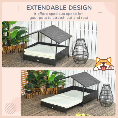 Outdoor Dog Bed Extendable Wicker Dog Bed w/ Waterproof Roof, Soft Cushion, for Small and Medium Dogs, Cream White