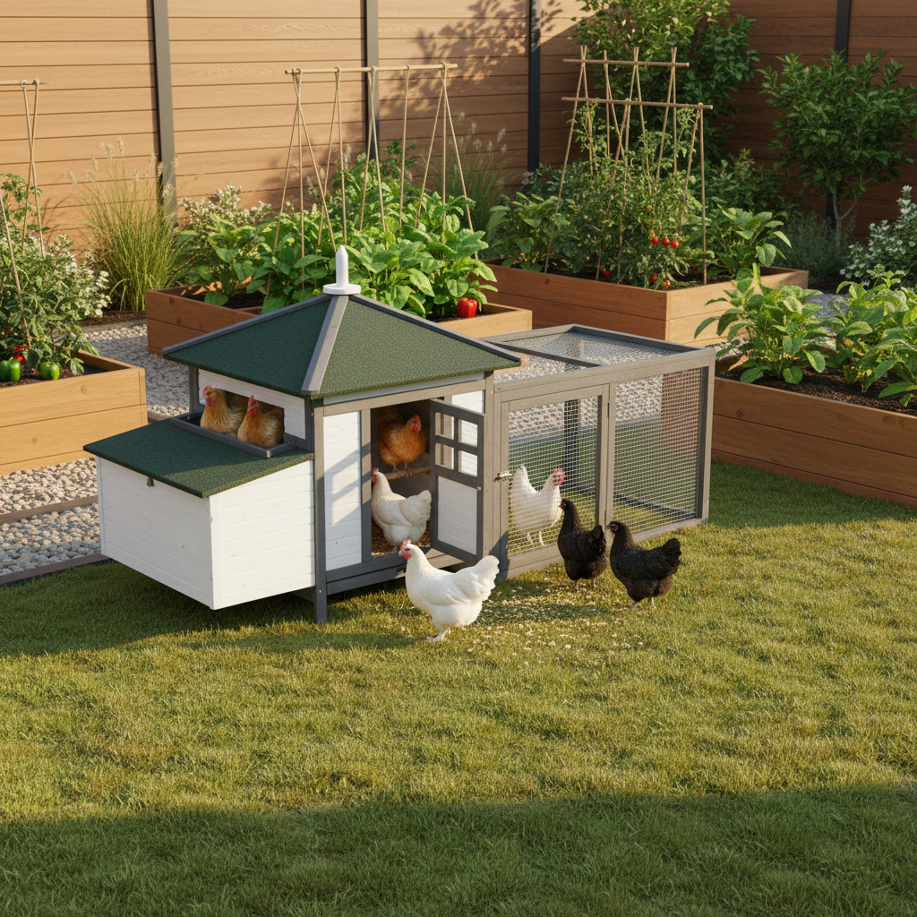 Chicken coop in modern suburban yard with raised garden beds
