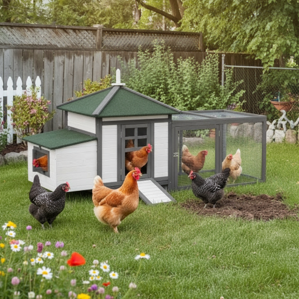 Chicken coop in rustic farmhouse backyard with white picket fence