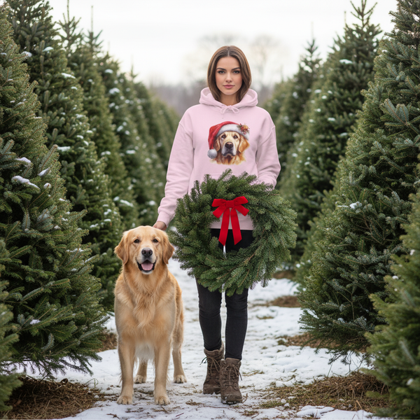 Christmas Golden Retriever light pink hoodie at tree farm