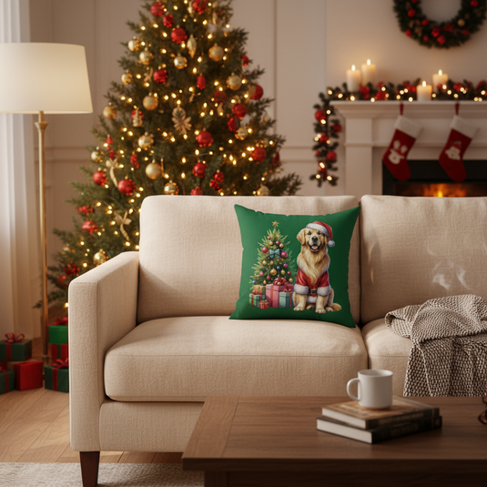 Christmas Golden Retriever pillow in cozy living room