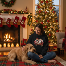 Christmas Puppies black hoodie lifestyle scene
