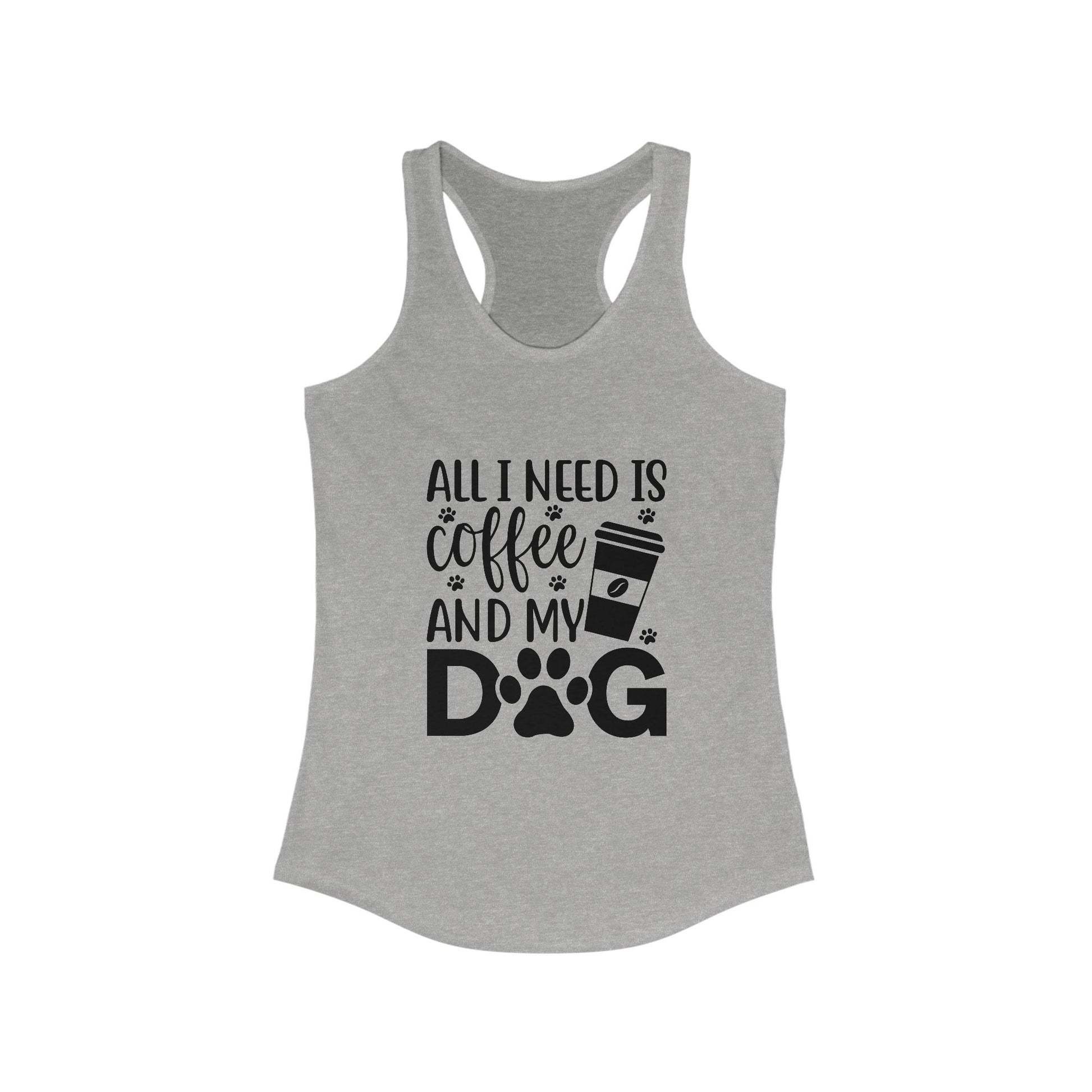 Printify Coffee Dog Lover's Racerback Tank in gray with coffee and dog print design