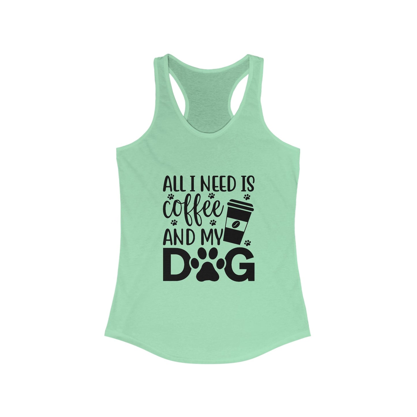 Mint green Coffee Dog Lover's Racerback Tank with a coffee cup and dog paw print graphic