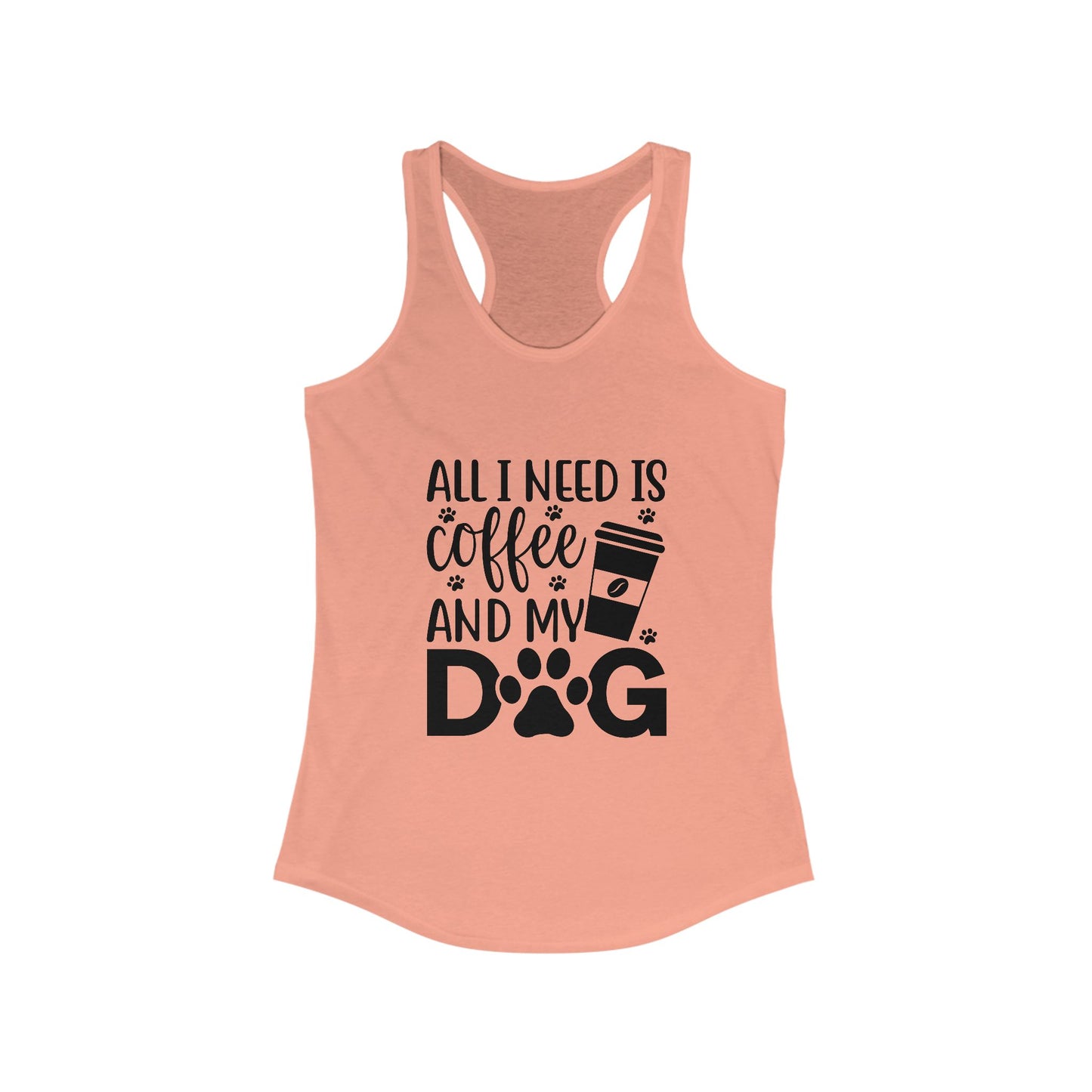 Printify Coffee Dog Lover's Racerback Tank in pink with coffee and dog graphic design