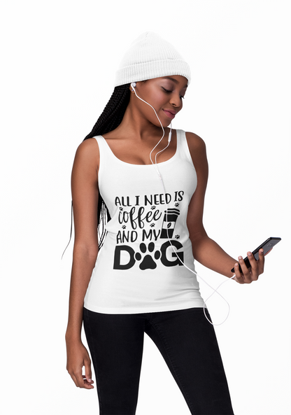 White Coffee Dog Lover's Racerback Tank top worn by woman with beanie and headphones holding phone