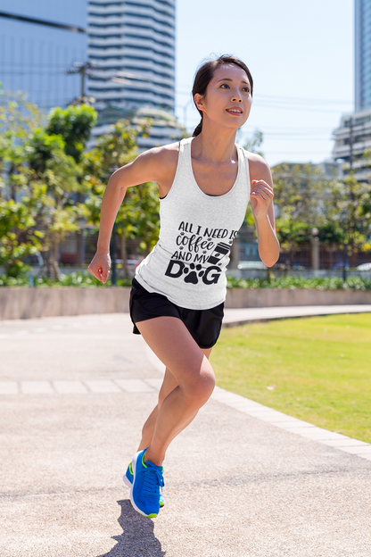 Woman running outdoors wearing Coffee Dog Lover's Racerback Tank with coffee and dog graphic