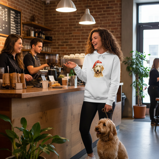 Comfort Doodle Hoodie - Coffee Shop with Golden Doodle