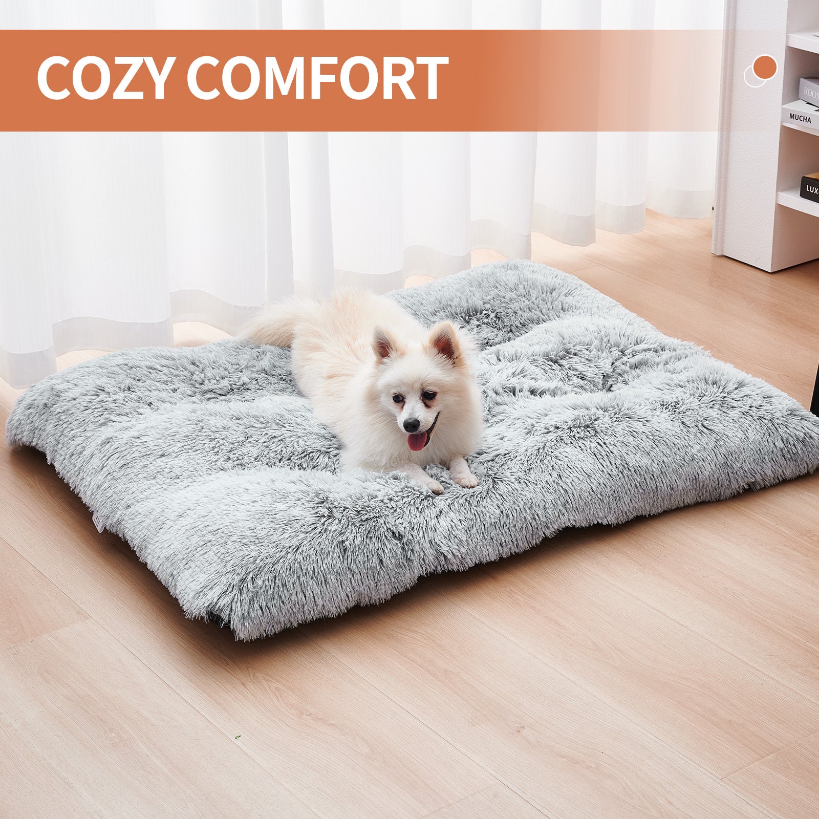 Wefulfil Gray Pet Bed fluffy rectangular plush mat shown with small white Pomeranian for cozy indoor comfort on hardwood floor