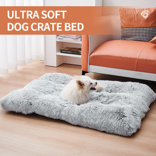 Wefulfil Gray Pet Bed shaggy ultra soft dog crate mat with small white Pomeranian lounging in living room