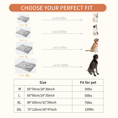 Wefulfil Gray Pet Bed size chart showing M L XL 2XL dimensions and weight recommendations for pets