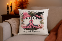 Cozy living room with breast cancer awareness Halloween pillow