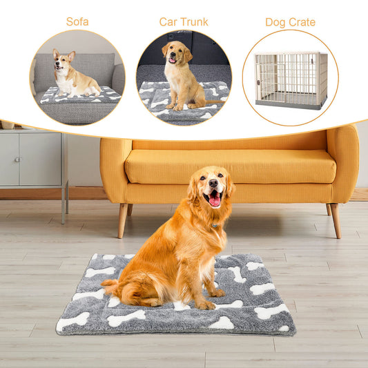 Wefulfil self-warming cat bed mat shown in gray bone pattern used by dog on floor and for sofa car trunk and crate
