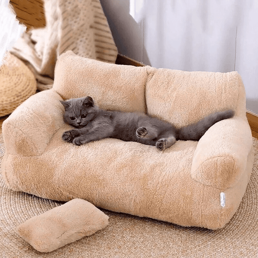 Purrfect Pet Haven beige plush Bed for Cats and Small Dogs sofa style with bolsters and pillow and grey cat