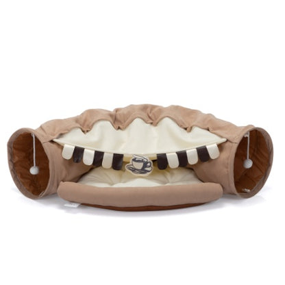 Wefulfil Cozy Pet Tunnel Bed in beige with soft cushioned interior and playful hanging balls for pets