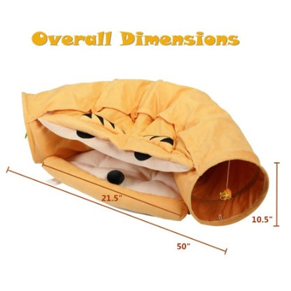 Wefulfil Cozy Pet Tunnel Bed in yellow with plush animal face and overall dimensions shown