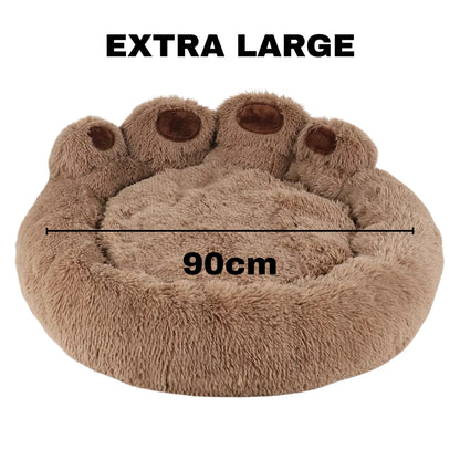 Purrfect Pet Haven extra large brown fluffy 90 cm paw-shaped pet bed with raised rim for cats and dogs