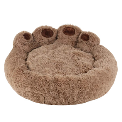 Purrfect Pet Haven paw-shaped pet bed in tan plush faux fur round bolster for small cats and dogs