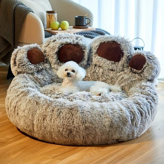 Purrfect Pet Haven paw-shaped pet bed plush grey faux fur with brown pads and small white dog lounging