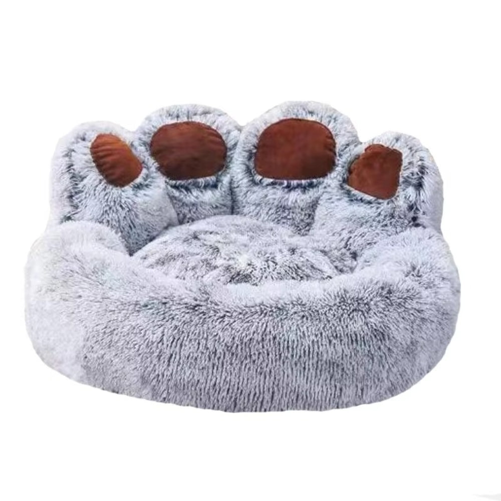 Purrfect Pet Haven grey fluffy paw-shaped pet bed with raised rim and brown pad accents, cozy for cats and small dogs