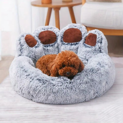 Purrfect Pet Haven fluffy gray faux fur paw-shaped pet bed with brown pad accents and small brown dog resting