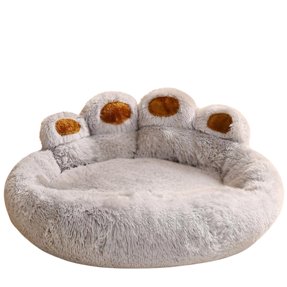 Purrfect Pet Haven plush gray paw-shaped pet bed with raised paw back and soft faux fur for cats and small dogs
