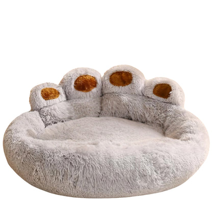 Purrfect Pet Haven plush gray paw-shaped pet bed with raised paw back and soft faux fur for cats and small dogs