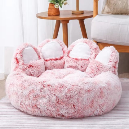 Purrfect Pet Haven pink fluffy paw-shaped pet bed plush donut cushion for cats and small dogs