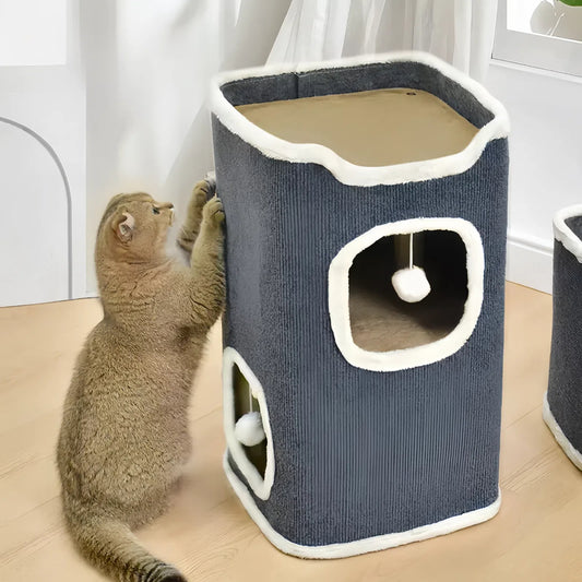 Purrfect Pet Haven tall gray cat condo with white trim and pompom toy kitten scratching side Cat Bed with Soft Mat on top