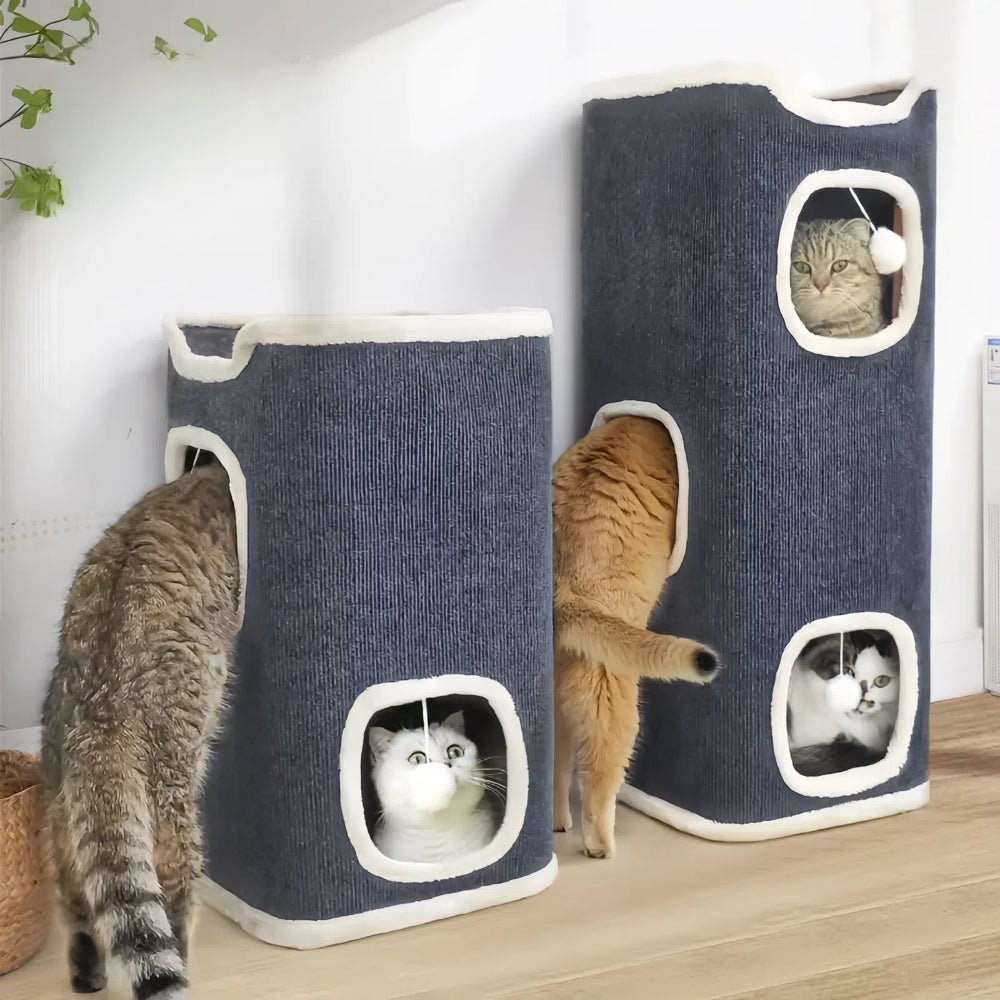 Purrfect Pet Haven gray vertical cat condo towers with multiple cubbies and plush lining showing three cats Cat Bed with Soft Mat