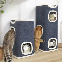 Purrfect Pet Haven gray vertical cat condo towers with multiple cubbies and plush lining showing three cats Cat Bed with Soft Mat