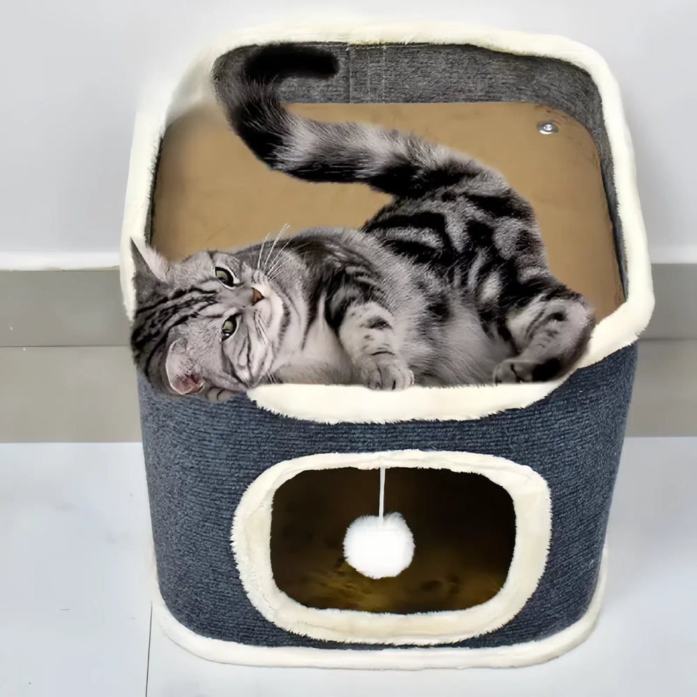 Purrfect Pet Haven Cat Bed with Soft Mat gray cube bed with plush trim top lounge and dangling pom