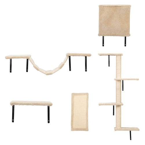 beige Wefulfil wall mounted cat tree set with platforms hammock sisal scratch board and vertical post