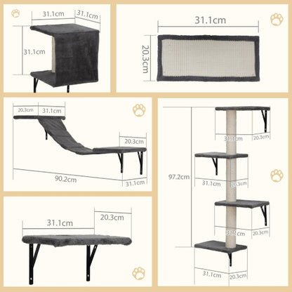 Wefulfil wall mounted cat tree with gray plush platforms ramp and sisal scratching posts