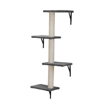 Wefulfil wall mounted cat tree with four gray carpeted platforms sisal scratching post and metal support brackets