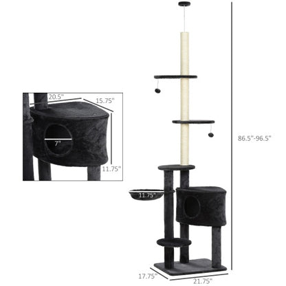 Wefulfil black multi level cat tower with condo platforms sisal pole and dangling toys adjustable floor to ceiling cat tree