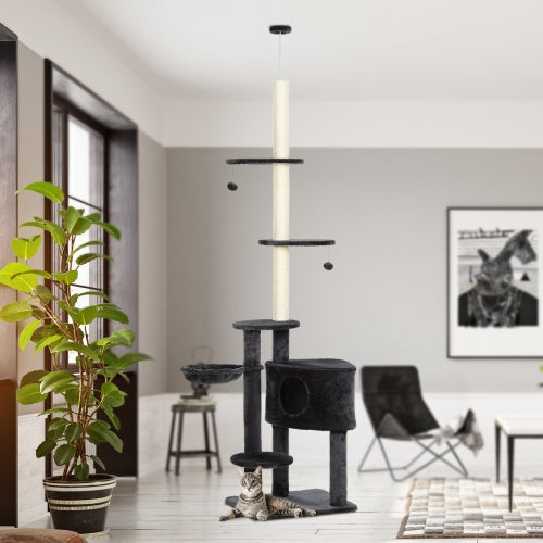 Wefulfil adjustable floor to ceiling cat tree in charcoal with condo platforms scratching post and dangling toys