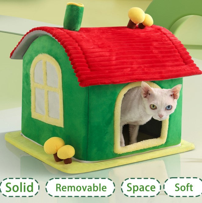 Wefulfil Cat Bed Indoor green plush house with red roof yellow trim and white cat peeking out