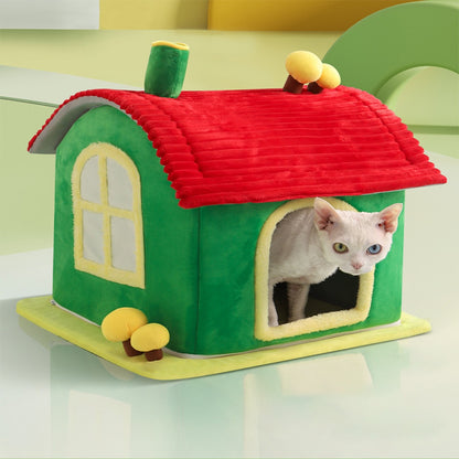 Wefulfil plush house cat bed with red roof green walls yellow trim and mushrooms white cat peeking out Cat Bed Indoor